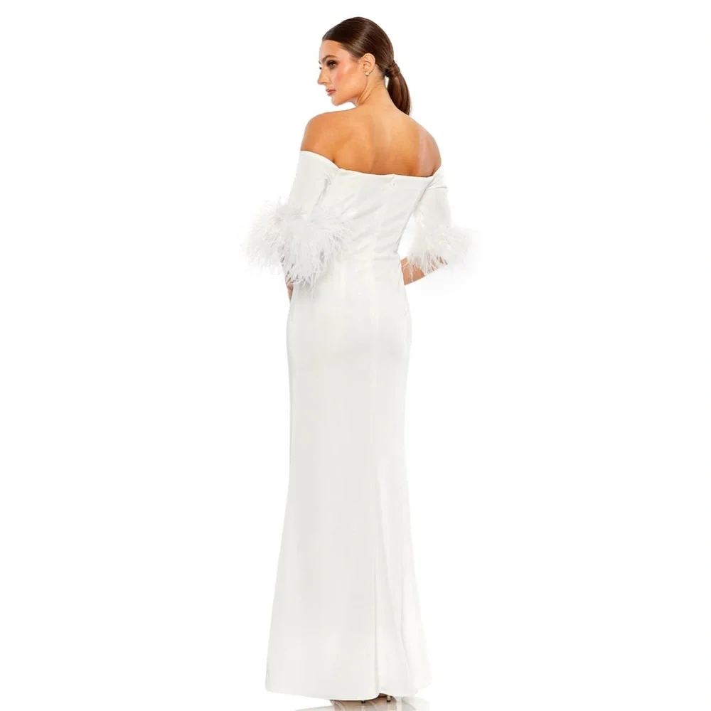 leena Mac Duggal Off Shoulder Feather Trim Column Gown 8 White 11441 Bridal‎